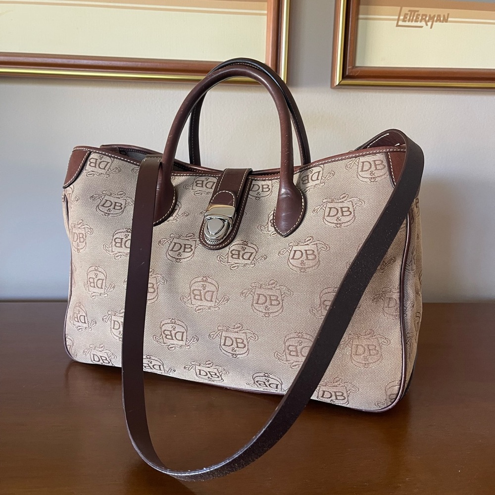 Dooney & Bourke monogrammed canvas leather double handle large weekend tote bag